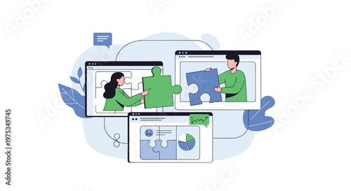 Business professionals collaborating remotely by connecting giant green and blue puzzle pieces across digital screens.