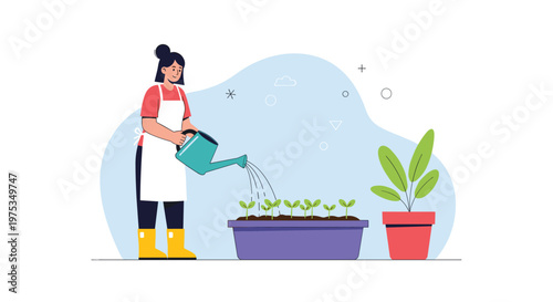 Young woman wearing apron watering young green plants in a long pot and indoor flower using blue watering can.