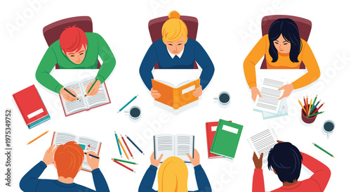 Top-down view of five diverse students sitting around a table focused on studying with books, notebooks, and pencils.