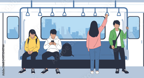 Group of diverse passengers sitting and standing inside a clean modern subway train car with city skyline outside.