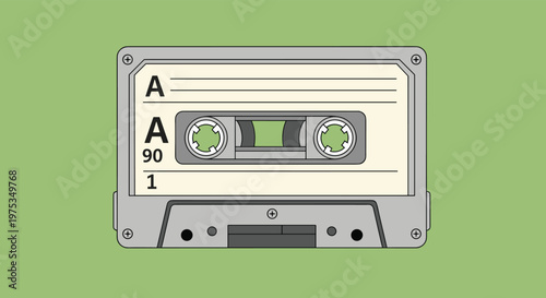 Vintage audio cassette tape illustration on a light green background showing tape reels and classic design details.