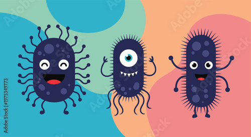 Set of three cute cartoon bacteria or virus characters with funny faces and various appendages on colorful background.
