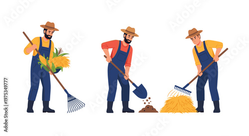 Three male farmers working hard in the field with a rake, shovel, and basket full of harvested corn and wheat.