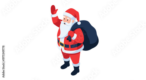 Cartoon illustration of Santa Claus in red suit waving his hand while carrying a large dark bag over his shoulder.