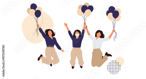 Group of three young women jumping happily while holding bundles of balloons in their hands on a white background.