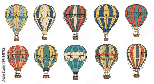Large collection of colorful vintage style hot air balloons with various patterns and stripes on a white background.