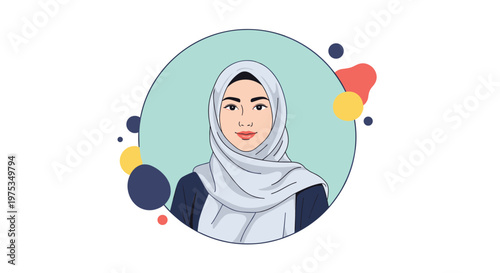 Portrait illustration of a beautiful young woman wearing a light grey hijab against a circular mint green background.