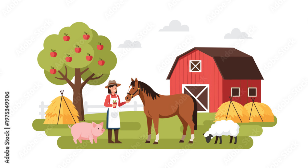 Fototapeta premium Female farmer interacts with domestic animals including a horse, pig, and sheep near a traditional red barn and apple tree in a rural landscape.
