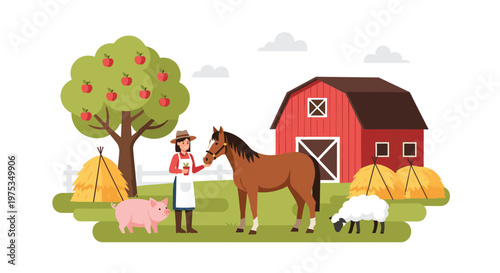 Female farmer interacts with domestic animals including a horse, pig, and sheep near a traditional red barn and apple tree in a rural landscape.