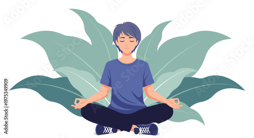Calm young man sitting in a lotus position and meditating in front of large green leaves for mindfulness and peace.