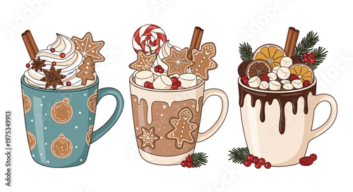 Collection of three decorated holiday beverages in festive mugs featuring whipped cream, gingerbread cookies, and various winter garnishes.