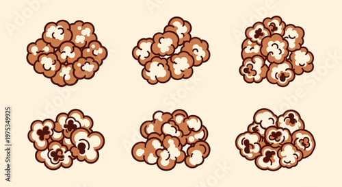 Selection of six clusters of puffed popcorn showing various organic shapes and roasted colors for snack-related designs and movie theater themes.