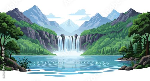 Majestic waterfall cascades into a calm lake surrounded by lush green forests and snow-capped mountain peaks under a clear sky in summer.