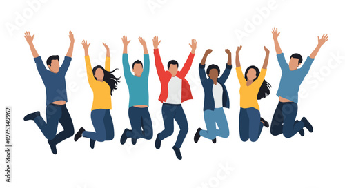 Group of seven diverse young people jumping high in the air with their arms raised to express pure joy and collective celebration of success.