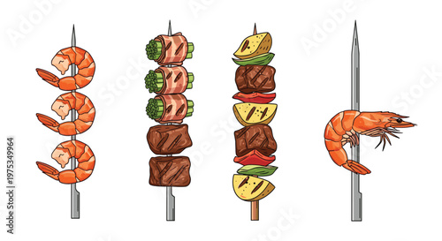 Selection of four grilled food skewers including large shrimp, bacon-wrapped vegetables, and chunks of seasoned meat and bell peppers.