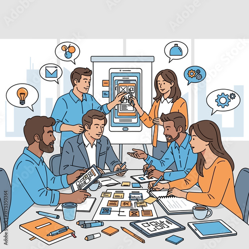 UX design team brainstorming mobile app interface, creative agency developers collaborating on UI project, professional office meeting illustration