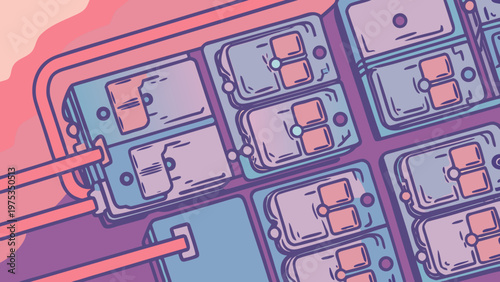 Server components connect via cables in a stylized schematic representation of network.
