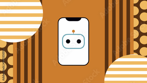 Mobile phone screen displaying a cute robot character icon against a geometric patterned background for app design themes.