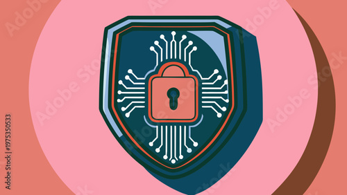 Shield icon with integrated circuit patterns protects sensitive digital information.