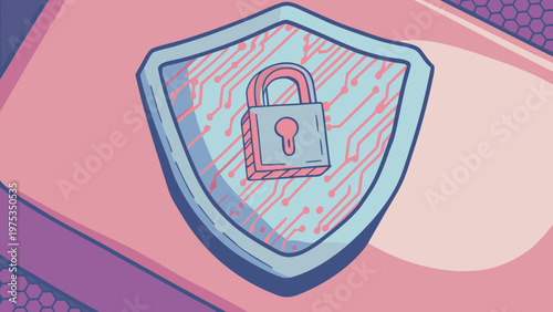 Security shield displays a digital padlock icon representing modern data protection.