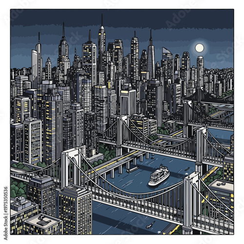Stylized illustration of a nighttime metropolis featuring bridges and buildings