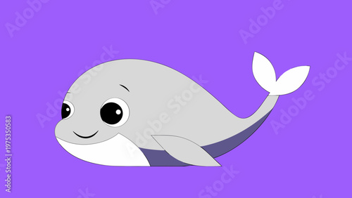 Whale character smiles against a flat solid purple background.