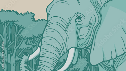 Elephant wanders through a lush forest habitat in this artistic depiction.
