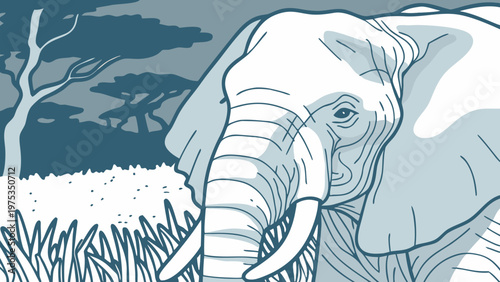 Elephant portrait features a calm pachyderm standing in a grassy savanna.