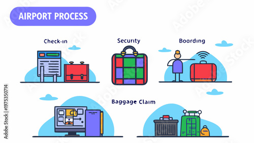 Airport process icons illustrate the stages of check-in, security, boarding, and baggage claim.