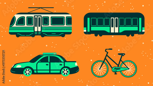 Transportation vehicles including a tram, train, car, and bicycle are shown in green.
