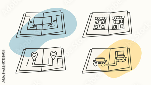 Maps showing locations and routes are displayed as simple line art icons.