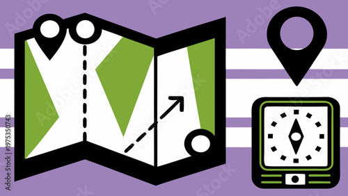 Map with a compass indicates a specific route for travelers.