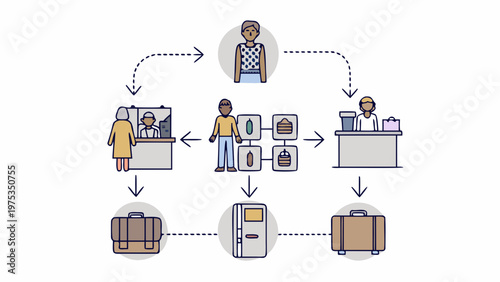 People interact with luggage and service counters in a structured flow chart design.
