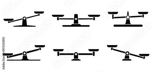 Cartoon weighing balance scale, vector scales of justice with weights showing balance and imbalance, created in a clear and modern style perfect for law concepts, decision making visuals,