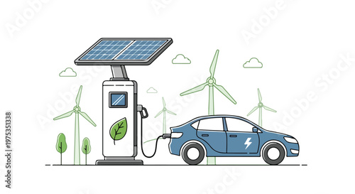 Electric Car Charging at Solar Powered Station with Wind Turbines and Eco-Friendly Energy Concept Illustration