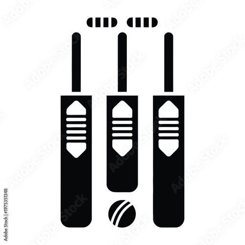 Simple black silhouette of cricket stumps and ball for sports related designs, vector illustration