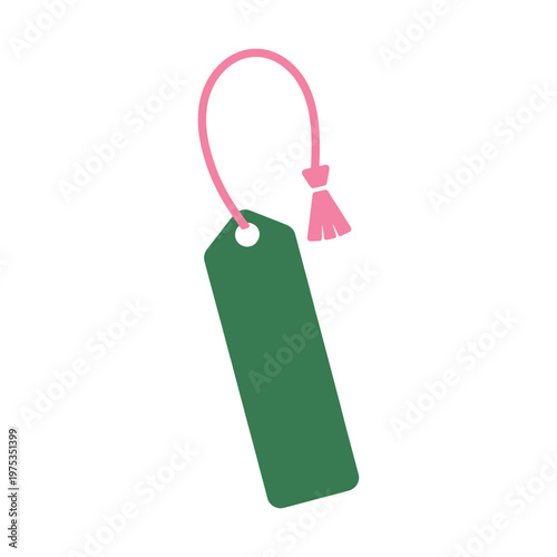 Simple green bookmark with pink tassel and loop isolated on transparent background for reading, vector illustration