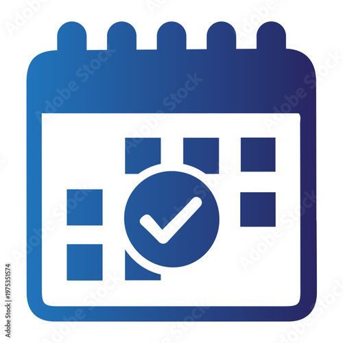 Modern gradient blue calendar icon with a checkmark, symbolizing confirmed schedules, task completion, and successful event planning for digital platforms