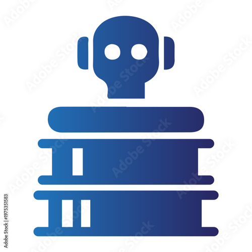 Sleek blue gradient icon of an AI robot head overseeing data server stacks, symbolizing advanced technology, intelligent digital management, and modern computing infrastructure