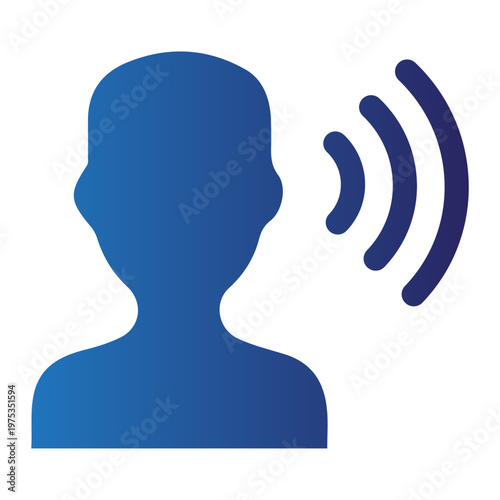 Vector graphic of a human head and sound waves, symbolizing active listening, audio input, and voice recognition for digital communication and technology interfaces