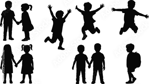 Set of black silhouettes of happy children jumping for joy holding hands and going to school with backpacks for education and childhood concepts.