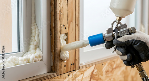 A worker spraying foam insulation into a window frame during home renovation