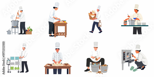 Set of professional chefs in uniforms performing various kitchen tasks such as cooking, baking, chopping, and serving food in a flat illustration style.