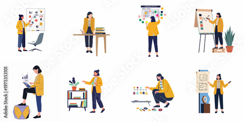 Set of flat vector illustrations featuring a professional businesswoman engaged in various activities like project management, data analysis, scheduling, and presentations.