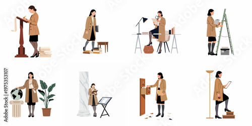 Set of flat vector illustrations featuring a professional woman in a trench coat engaged in various academic, research, and investigative activities.