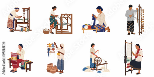 Traditional Indonesian textile artisans and weavers practicing ancient craft techniques with looms, spinning wheels, and hand-woven fabrics in a minimalist vector style.