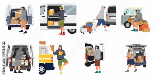 Flat vector illustration set of a courier worker managing packages and library books with different delivery vehicles in various scenes.