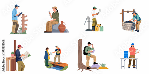 Illustration Set of Field Researchers and Environmental Scientists Conducting Outdoor Data Collection, Sampling, and Surveys in Various Rural and Natural Settings.