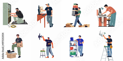 Set of flat vector illustrations depicting IT support technicians performing various hardware maintenance, setup, and networking tasks in an office environment.