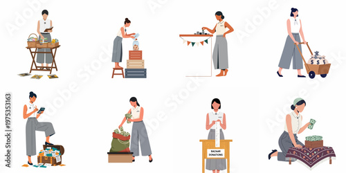 Vector Illustration Set of Women Managing Finances, Donations, and Accounting at a Charity Bazaar Event